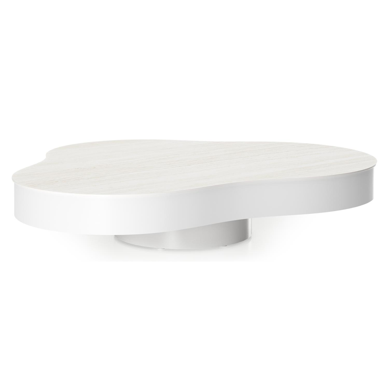 Table de basse Lomano en aluminium blanc et céramique pleine Calista - Lg. 131 x Lrg. 108 x Haut. 8 cm