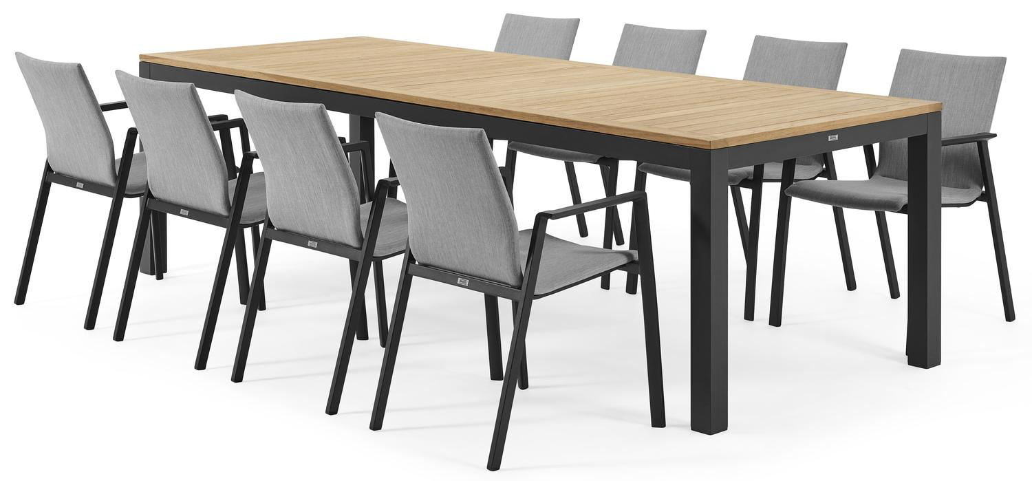 Varese tuinset in zwart aluminium en naturel teak tafelblad met 8 stapelbare Madura tuinstoelen