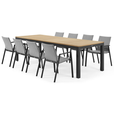 Ensemble de jardin Trente en aluminium noir avec plateau de table en teck Naturel et 8 chaises de jardin empilables Madura