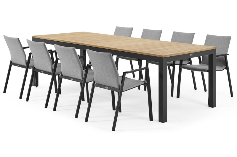 Ensemble de jardin Varese en aluminium noir avec plateau de table en teck naturel et 8 chaises de jardin empilables Madura
