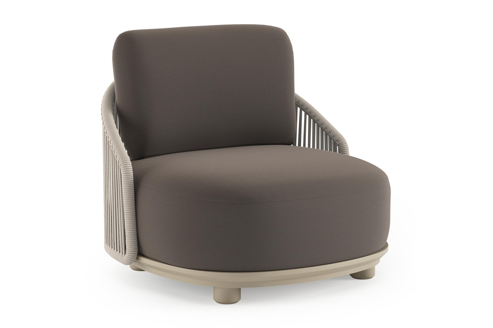 Fauteuil de jardin Vadelo en aluminium beige et corde ronde tissée verticalement beige et coussins en all weather sunbrella® luxe natte nature grey