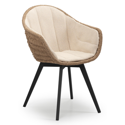 Pagino tuinstoel in zwart aluminium en naturel ronde wicker met zitkussen in All Weather Sunbrella® Luxe Heritage Papyrus