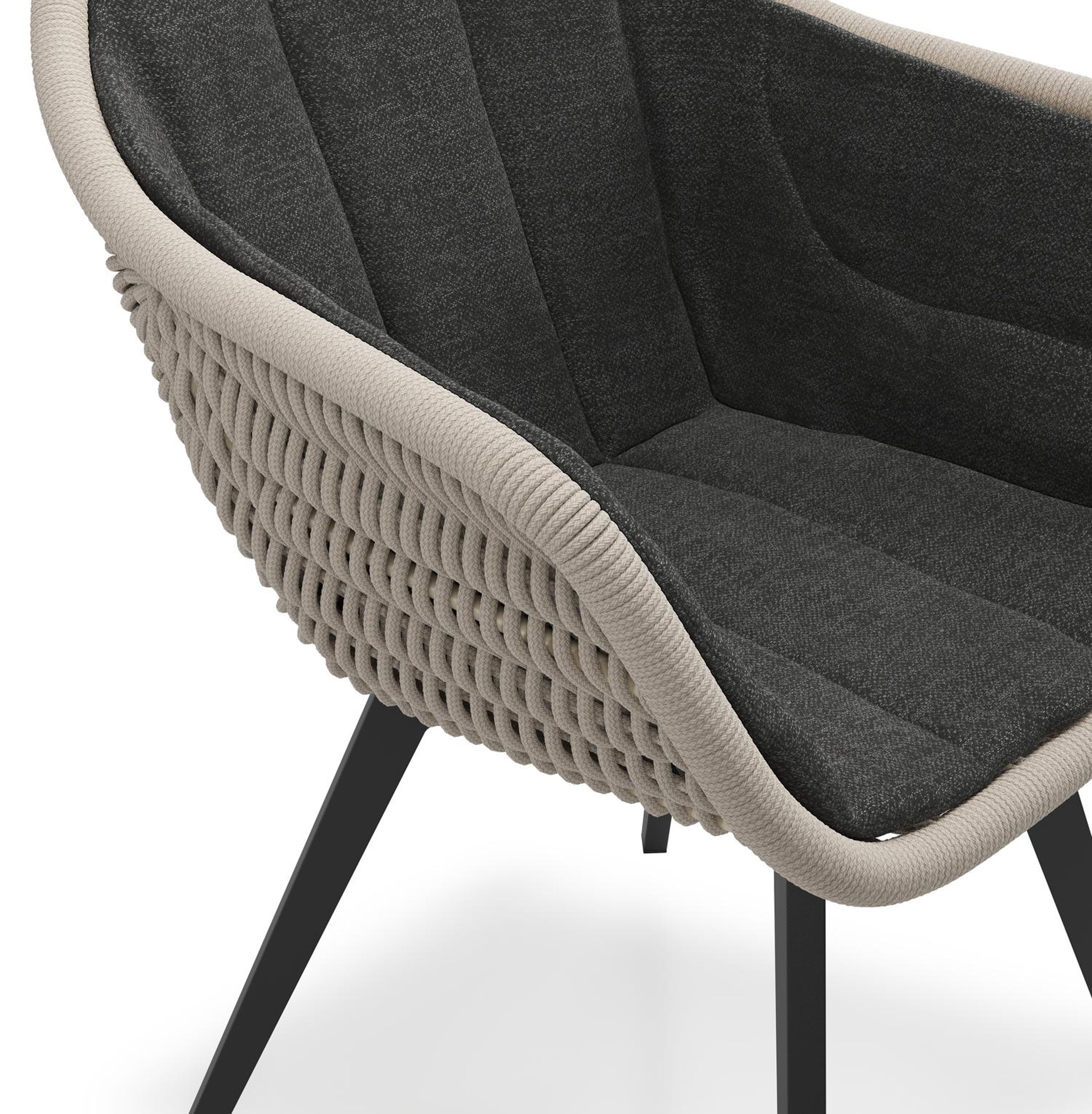 Pagino tuinstoel in zwart aluminium en beige ronde wicker met kussen in chartres sooty all weather sunbrella® luxe