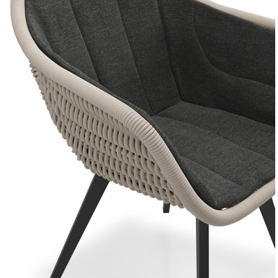 Pagino tuinstoel in zwart aluminium en beige ronde wicker met kussen in chartres sooty all weather sunbrella® luxe