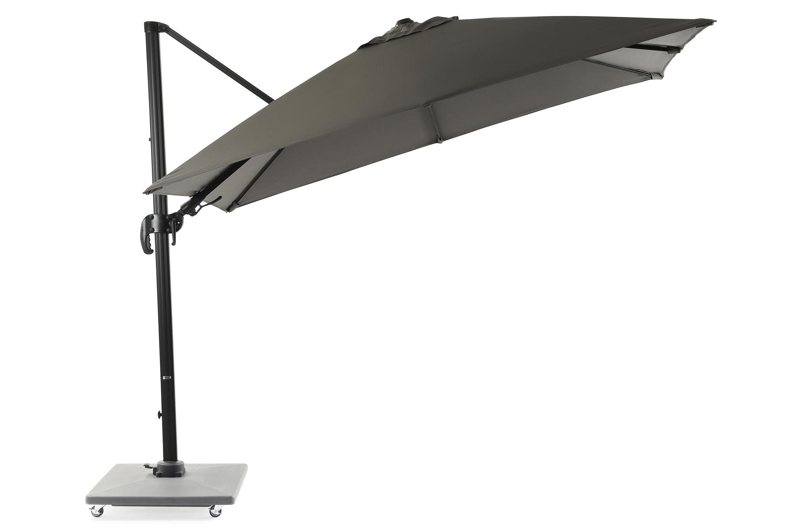 Avola zweefparasol met tiltfunctie in zwart aluminium met grijs sunbrella® premium parasoldoek - L1 300 x L2 300 cm (met voet)