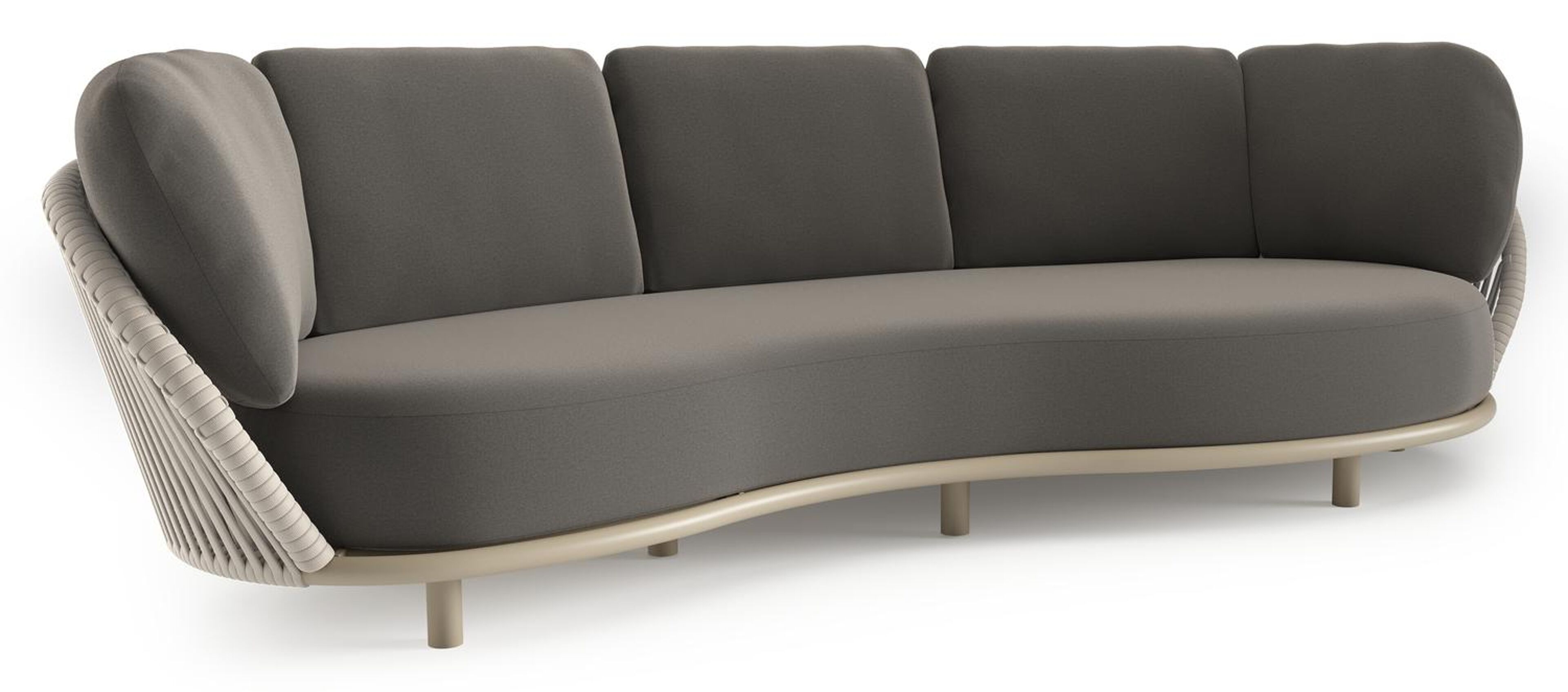 Canapé de jardin Lupino en aluminium beige et corde large plate de luxe tissée verticalement beige et coussins en all weather sunbrella® luxe natte dark taupe