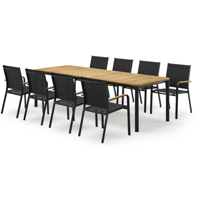 Mira ensemble de jardin rectangulaire arrondi en aluminium noir en teck natural finish avec 8 chaises de jardin Amalfi