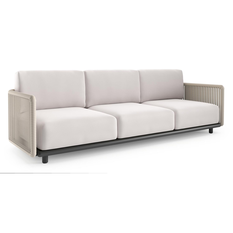 Organo loungebank in zwart aluminium en beige verticaal geweven luxe vlakke rope met savane whisper all weather Sunbrella® luxe kussen