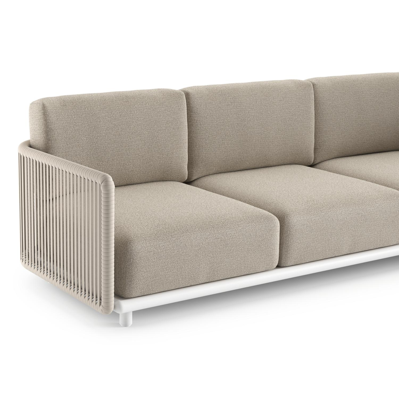 Salon de jardin Organo en aluminium blanc et corde luxe plate tissée verticalement beige et coussin en all weather Cosytica catania sand