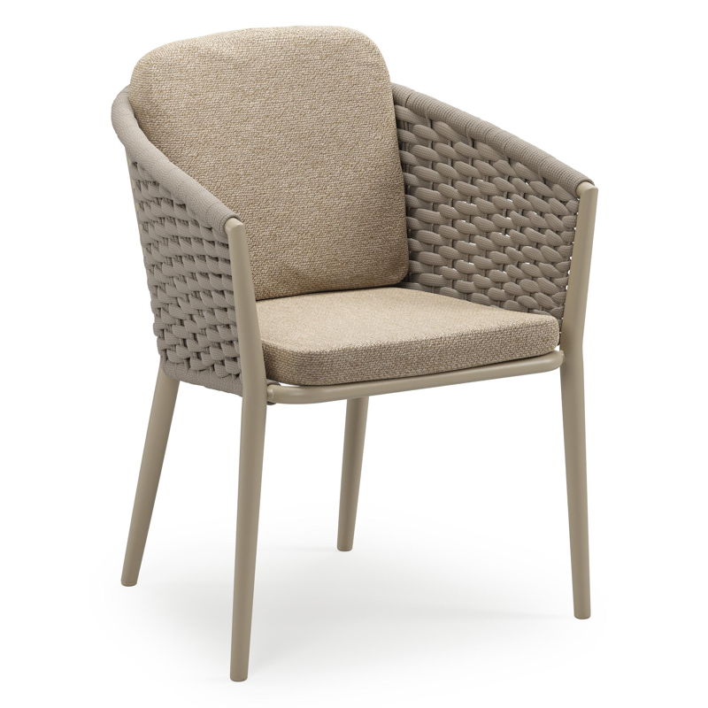 Orso stapelbare tuinstoel in beige aluminium en beige horizontaal geweven ronde rope met stoelkussen in All Weather Cosytica Madagascar Oak