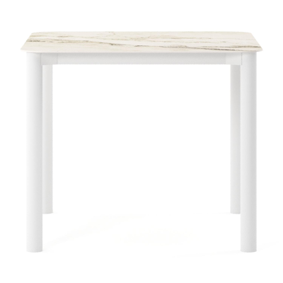Table de jardin Orso rectangulaire arrondi en aluminium blanc et céramique pleine Colorado Dunes - Lg. 90 x Lrg. 90 x Haut. 74.5 cm