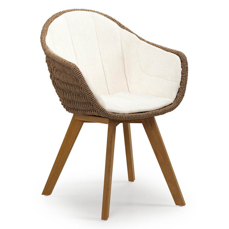 Pagino tuinstoel in teak en bruin ronde wicker met zitkussen in All Weather Sunbrella® Luxe Natte White