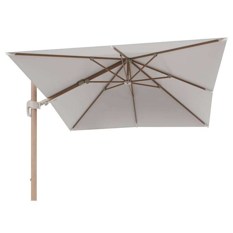 Rufina zweefparasol tiltfunctie in houtlook aluminium en parasoldoek in All Weather Sunbrella® Luxe Natte White  - L1 300 x L2 300 cm (zonder voet)