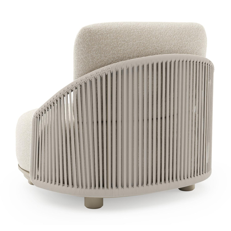 Fauteuil de jardin Vadelo en aluminium beige et corde ronde tissée verticalement beige et coussins en all weather cosytica marbella ecru