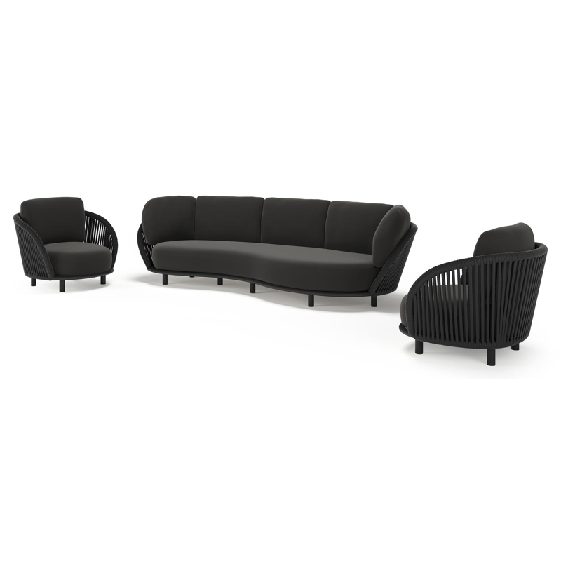 Lupino loungeset in zwart aluminium en zwart verticaal geweven luxe vlakke brede rope met natte sooty all weather sunbrella® luxe kussen