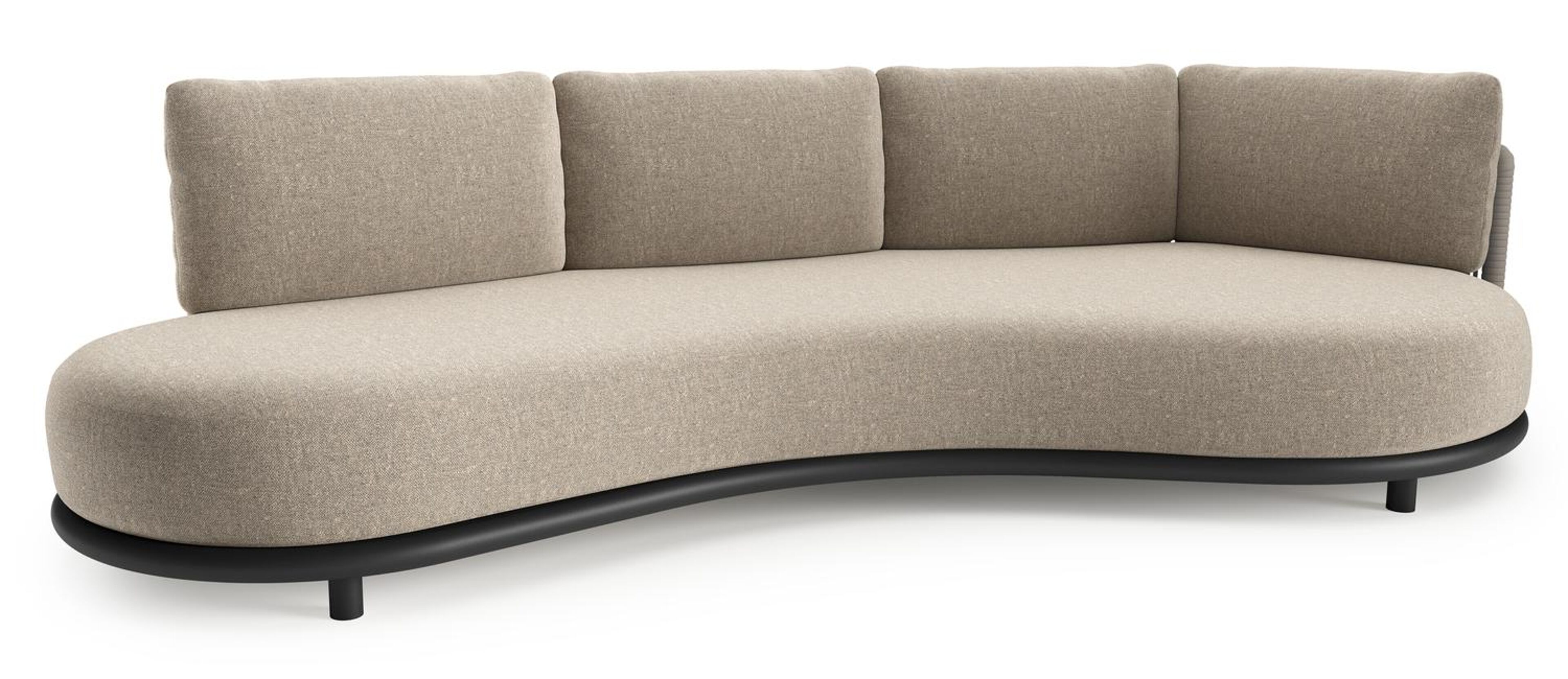 Lomano loungebank in zwart aluminium en beige verticaal geweven luxe vlakke rope met chartres pewter all weather sunbrella® luxe kussen