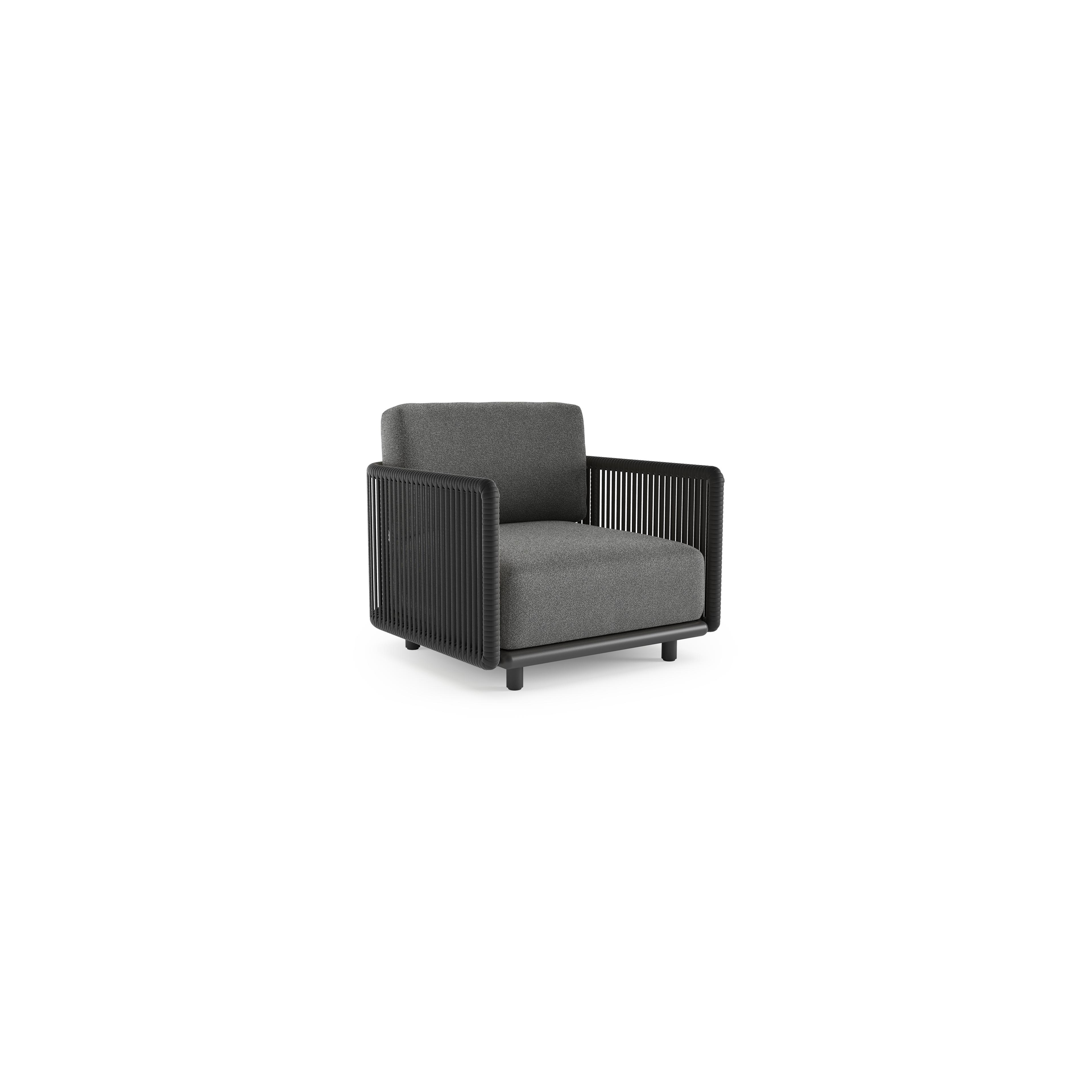 Fauteuil de jardin Organo en aluminium noir et corde luxe plate tissée verticalement noir et coussin en all weather Cosytica catania black