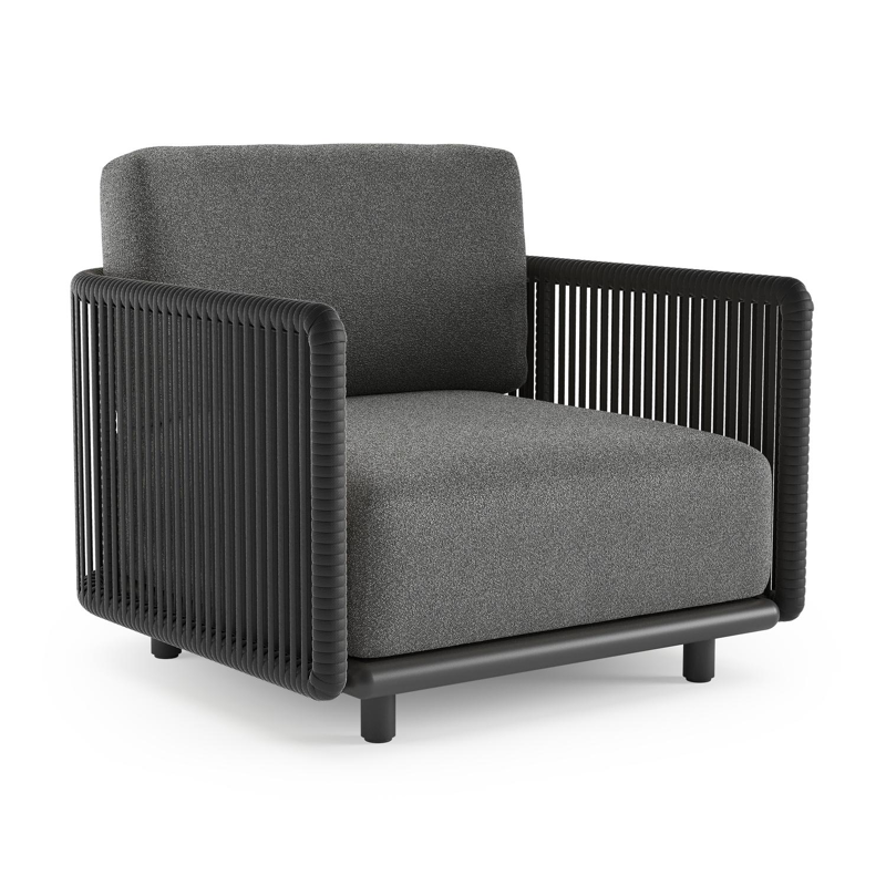 Organo loungestoel in zwart aluminium en zwart verticaal geweven luxe vlakke rope met catania black all weather Cosytica kussen