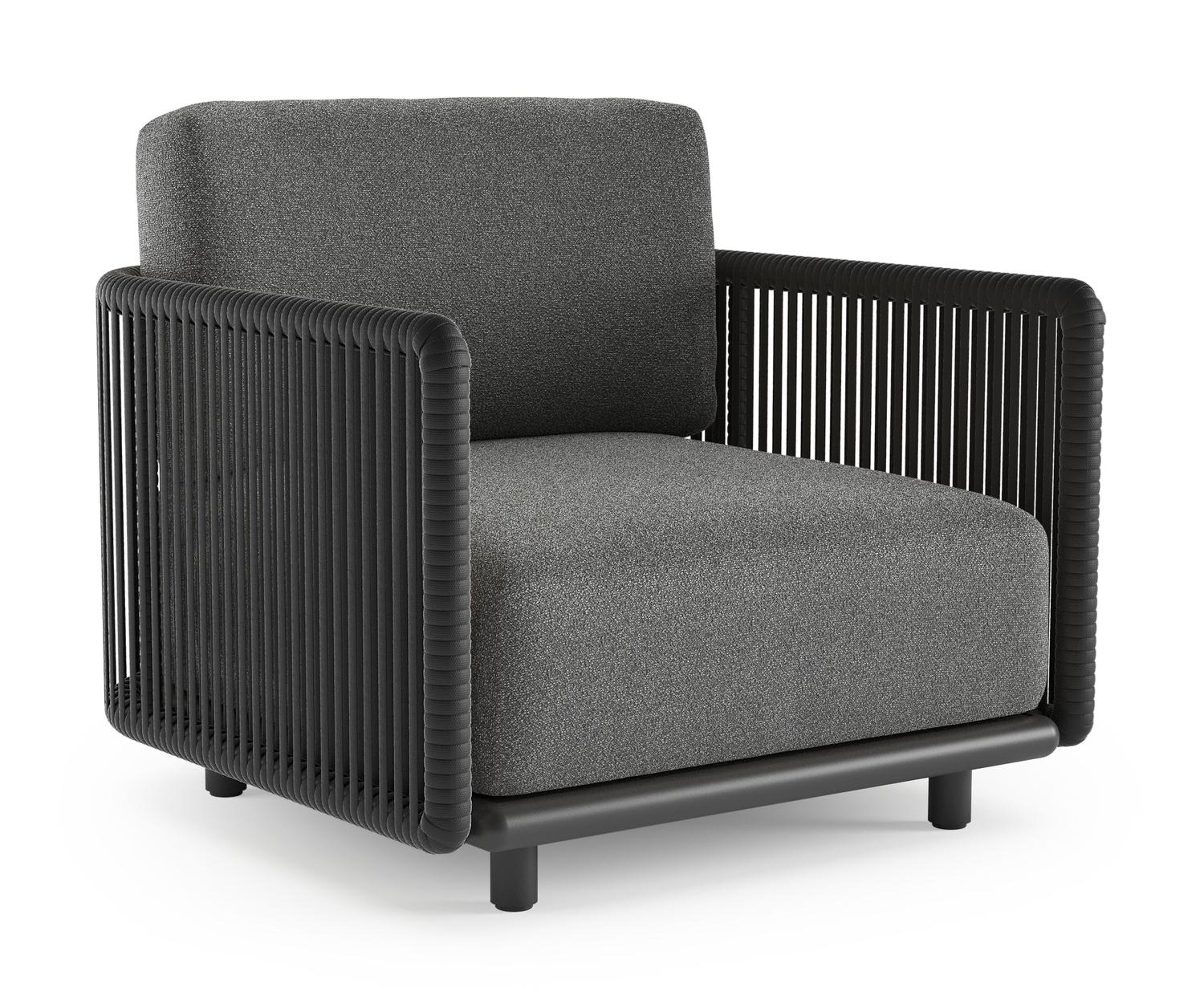Fauteuil de jardin Organo en aluminium noir et corde luxe plate tissée verticalement noir et coussin en all weather Cosytica catania black