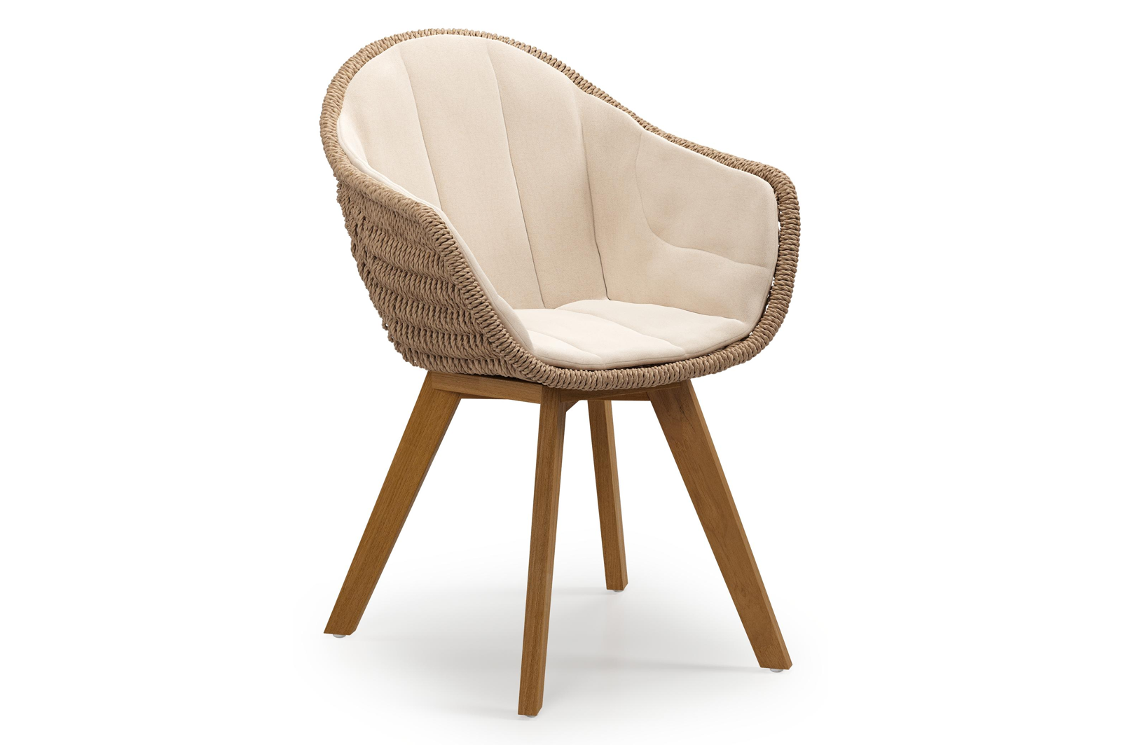 Chaise de jardin Pagino en teck naturel et résine tressée ronde naturel avec coussin en All Weather Sunbrella® Luxe Natte Linen Chalk