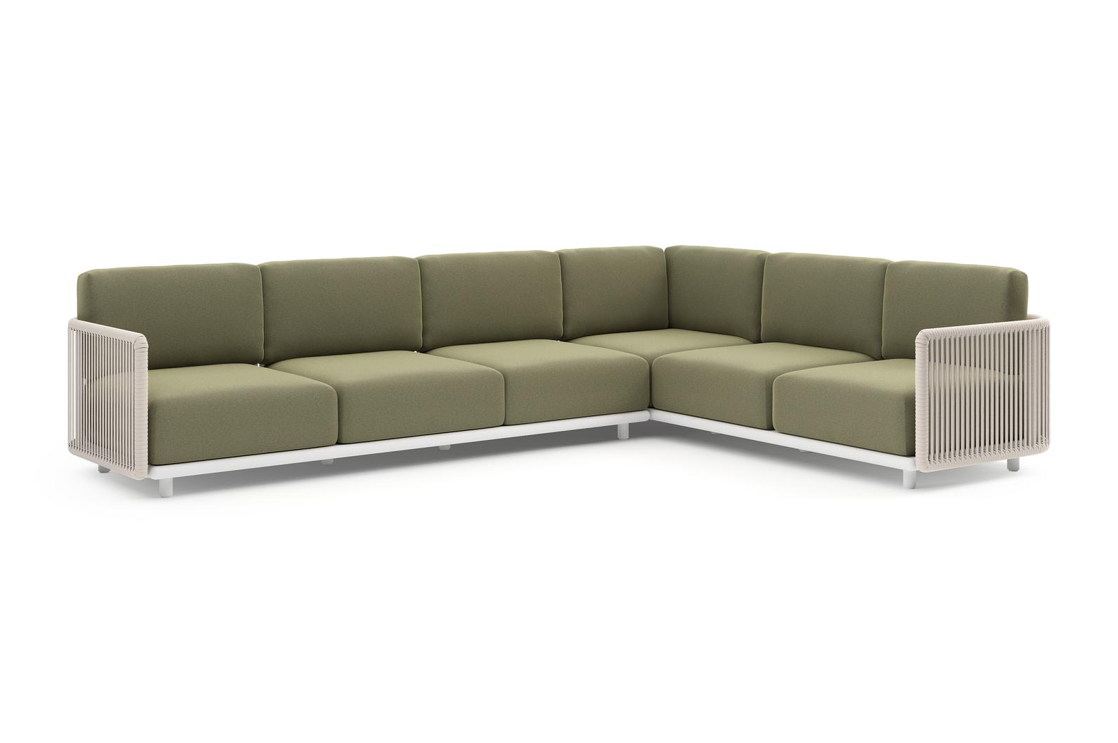 Organo loungehoek in wit aluminium en beige verticaal geweven luxe vlakke rope met heritage leaf all weather Sunbrella® luxe kussen