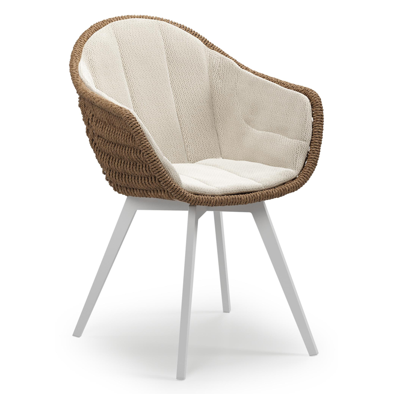 Pagino tuinstoel in wit aluminium en bruin ronde wicker met kussen in lopi marble all weather sunbrella® luxe