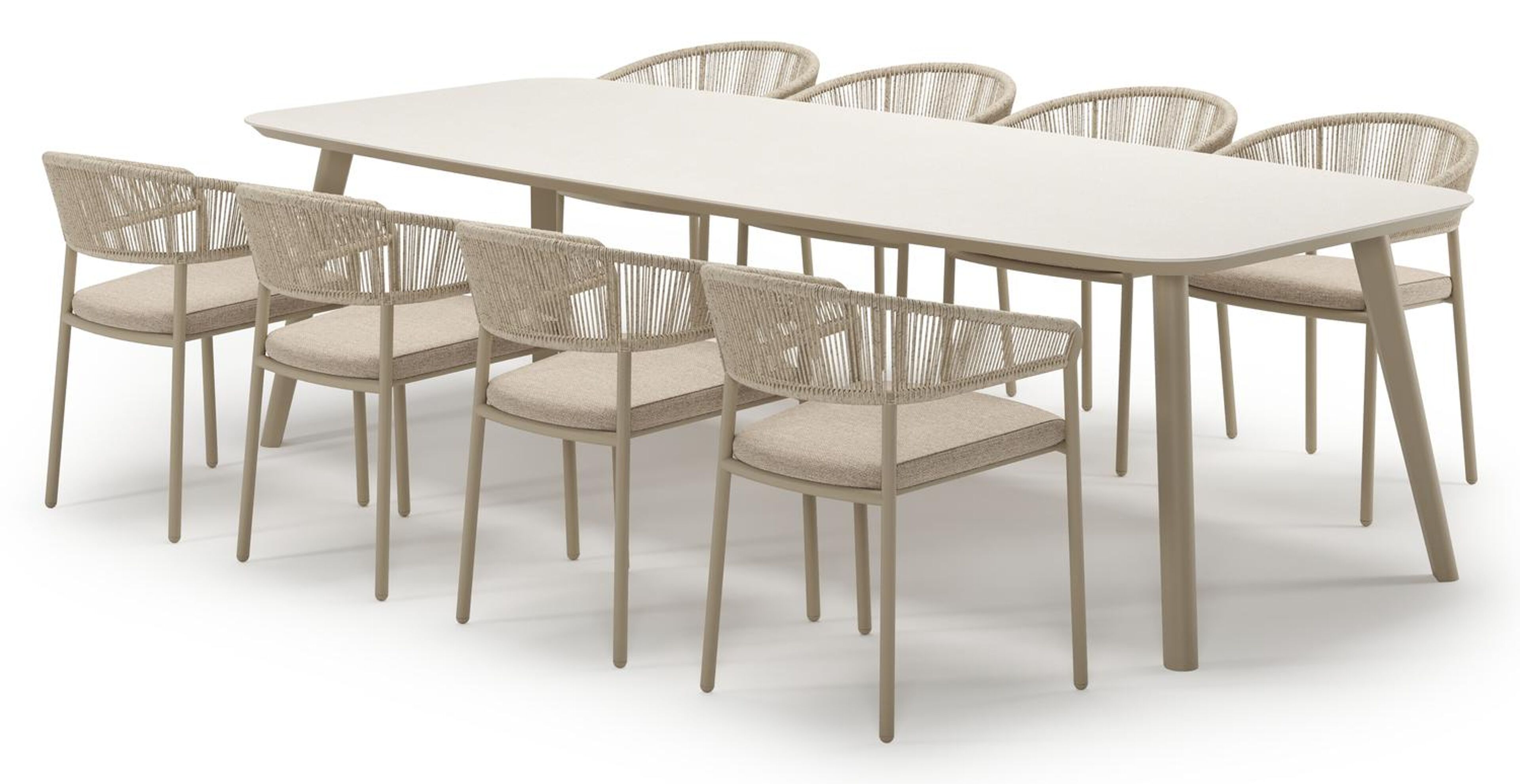 Ensemble de jardin Mosa en aluminium beige et sintered stone crema minerale avec 8 chaises de jardin empilable Zamora