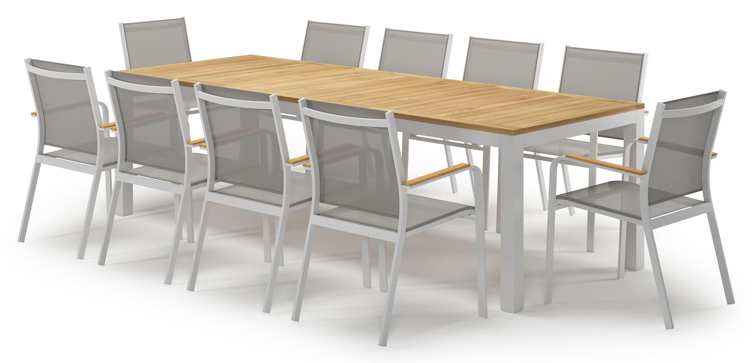 Varese tuinset in wit aluminium en naturel teak tafelblad met 10 stapelbare Amalfi tuinstoelen