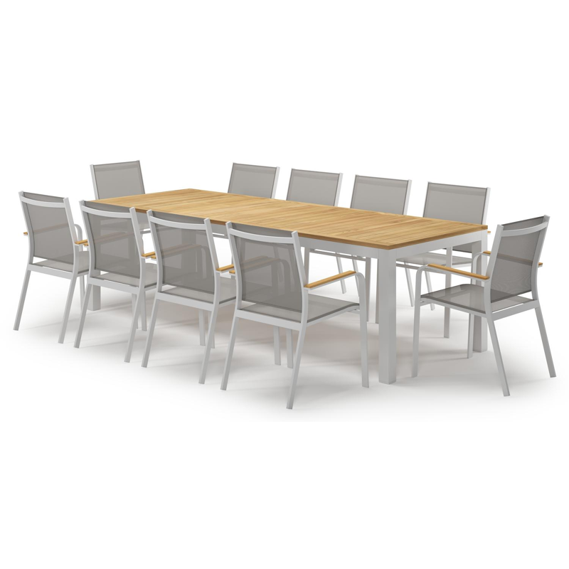 Varese tuinset in wit aluminium en naturel teak tafelblad met 10 stapelbare Amalfi tuinstoelen