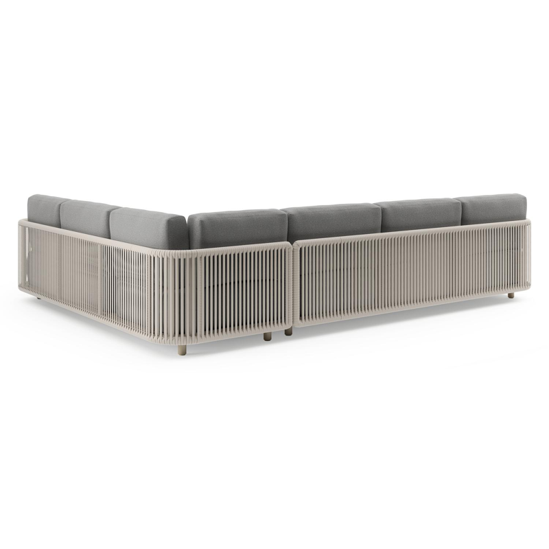 Organo loungehoek in beige aluminium en beige verticaal geweven luxe vlakke rope met heritage slate all weather Sunbrella® luxe kussen