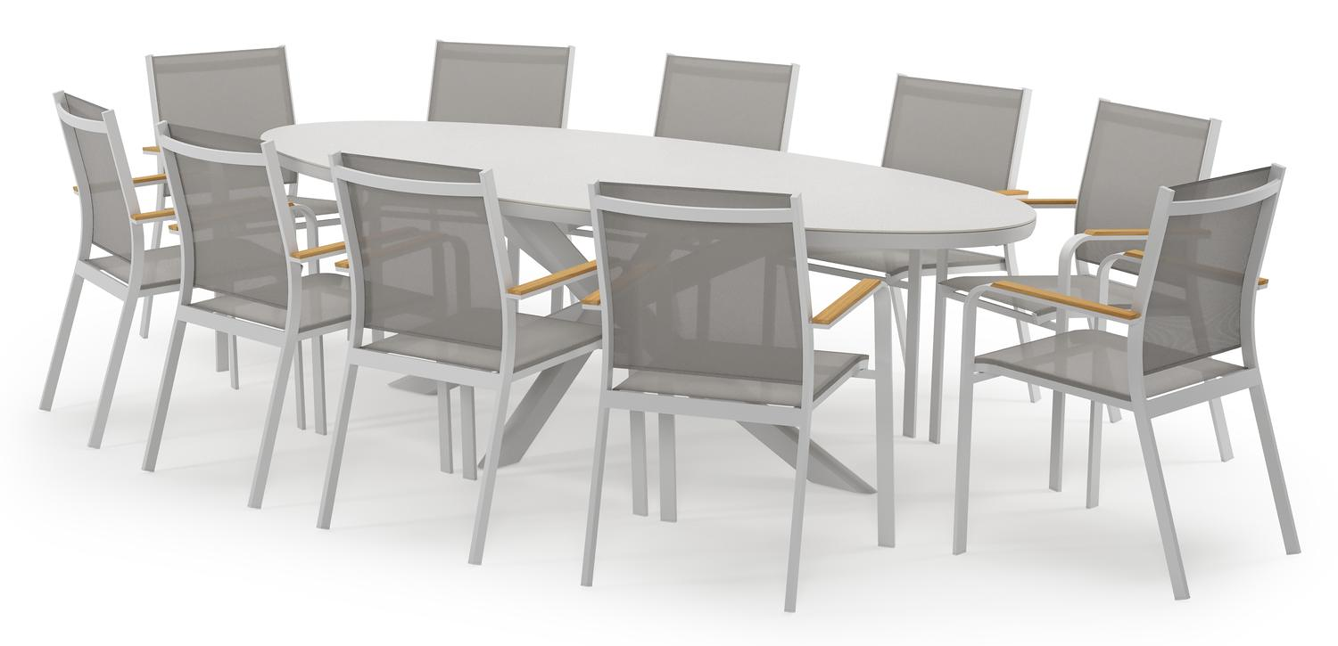 Pamplona ovale tuinset in wit aluminium en sintered stone topo minerale met 10 Amalfi tuinstoelen