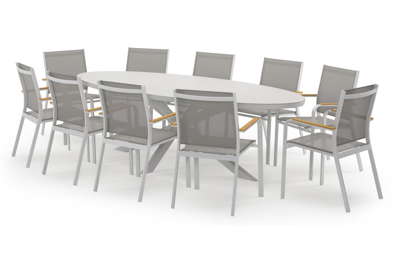 Pamplona ovale tuinset in wit aluminium en sintered stone topo minerale met 10 Amalfi tuinstoelen