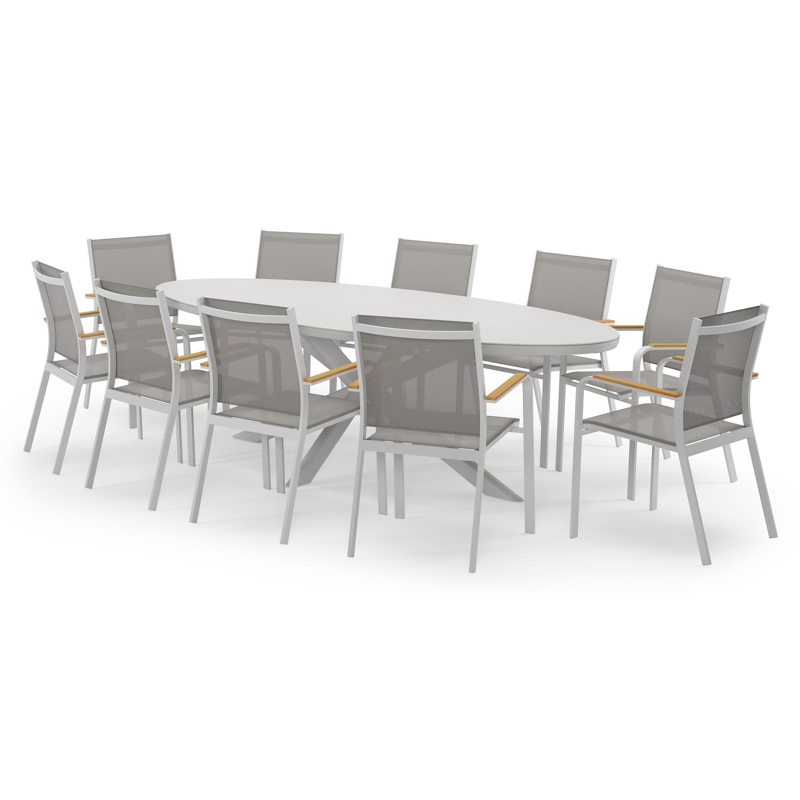 Pamplona ovale tuinset in wit aluminium en sintered stone topo minerale met 10 Amalfi tuinstoelen