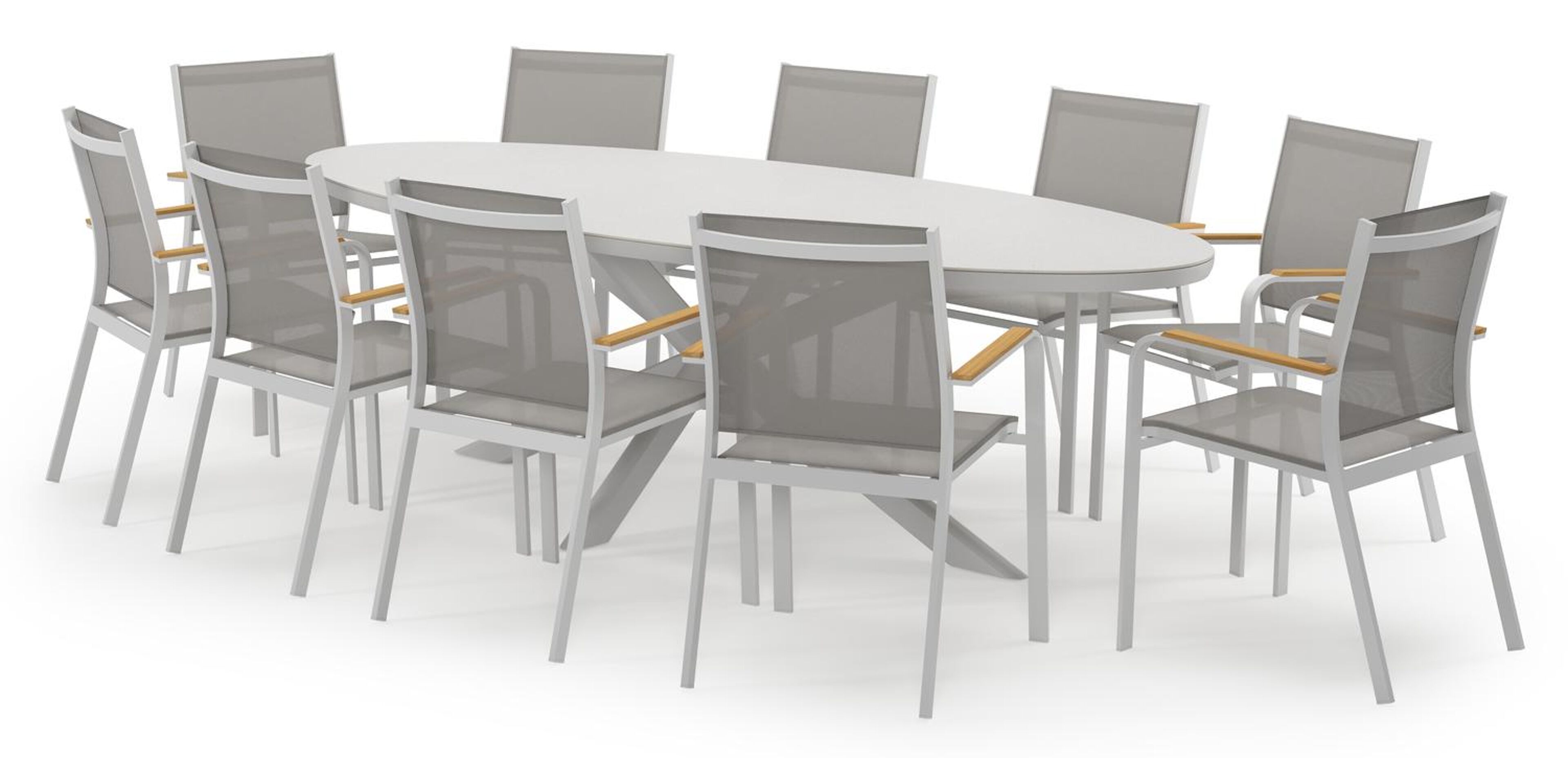 Pamplona ovale tuinset in wit aluminium en sintered stone topo minerale met 10 Amalfi tuinstoelen