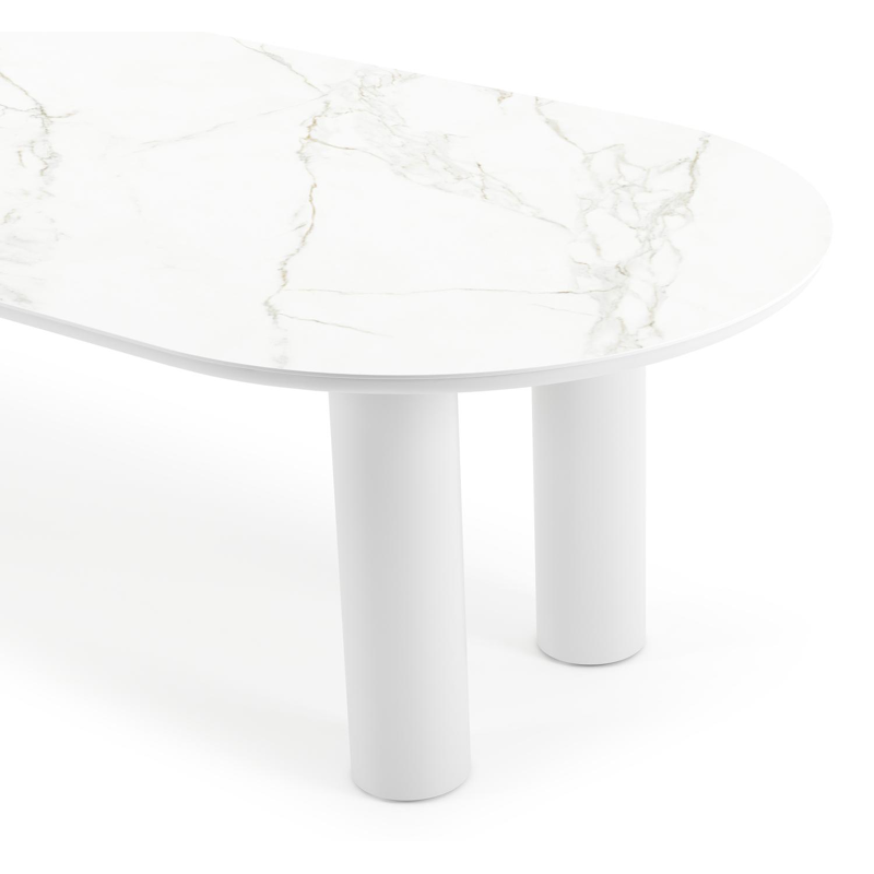 Table de jardin Organo oval en aluminium blanc et céramique pleine calacatta - Lg. 300 x Lrg. 110 x Haut. 74 cm