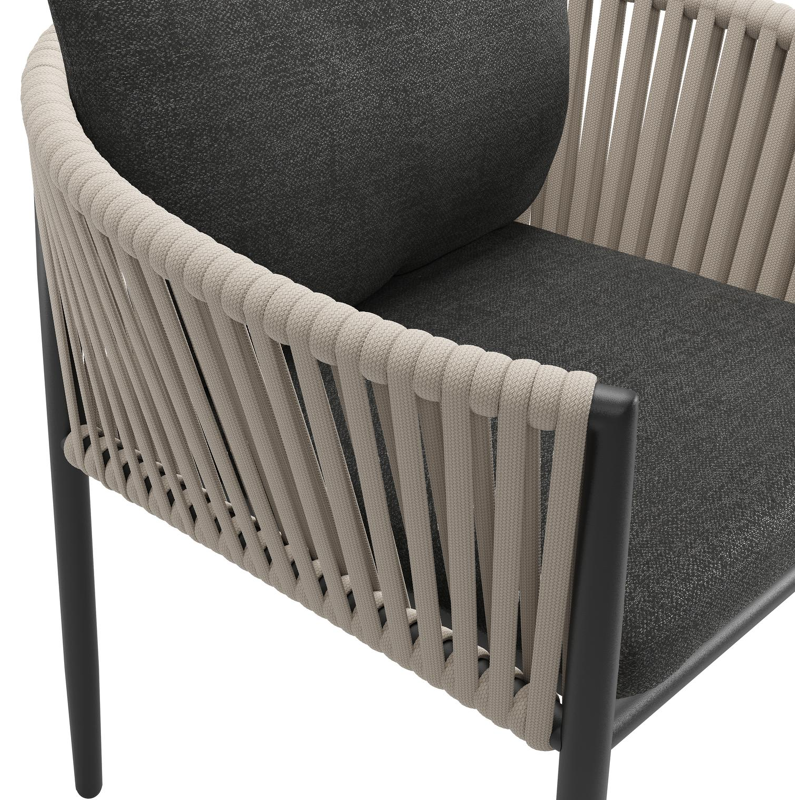 Organo tuinstoel in zwart aluminium en beige verticaal geweven luxe vlakke rope met kussen in chartres sooty all weather sunbrella® luxe