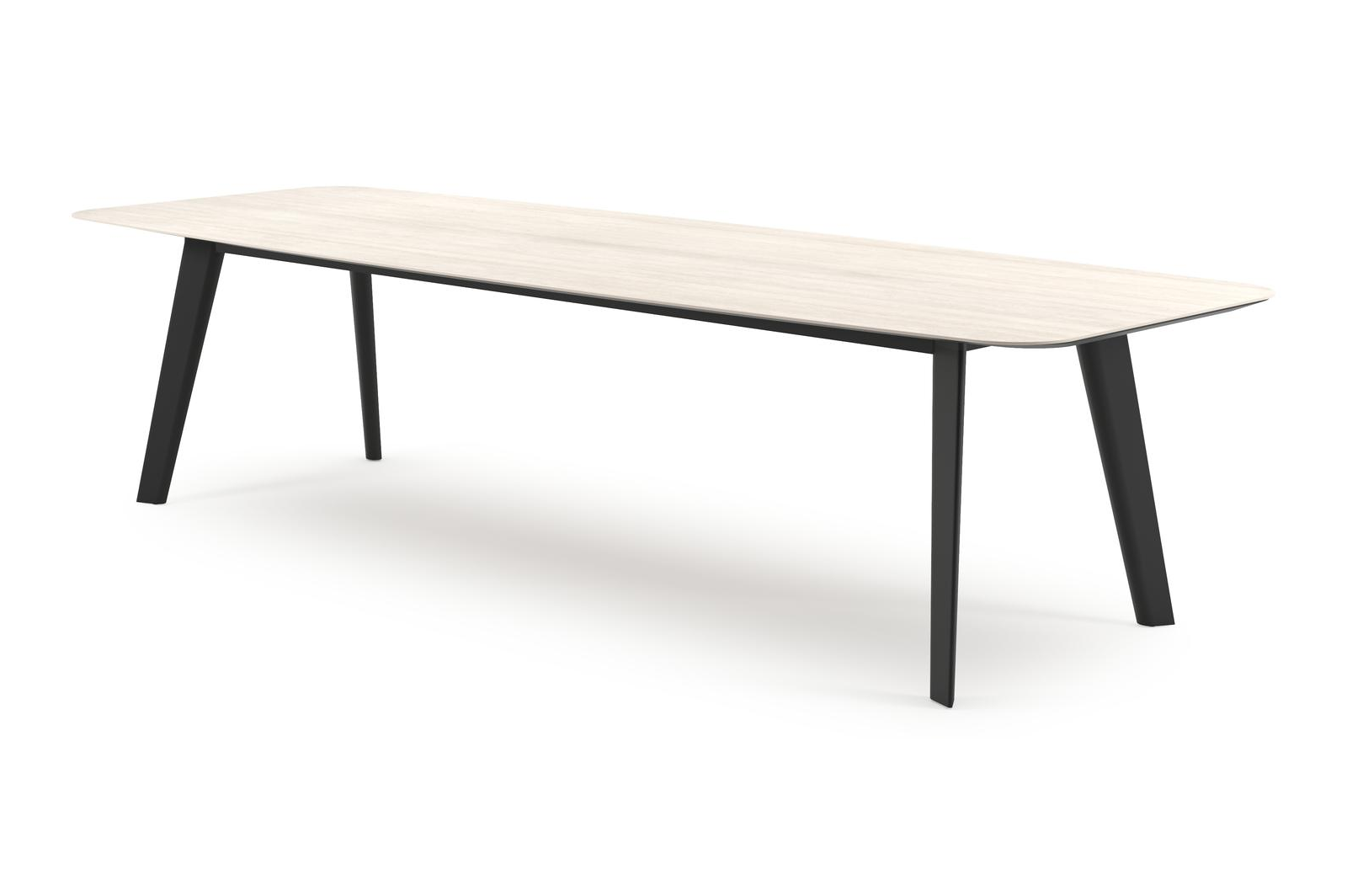 Table de jardin Lacrima forme de bateau en aluminium noir et céramique pleine Travertino Bianco - Lg. 315 x Lrg. 115 x Haut. 73 cm