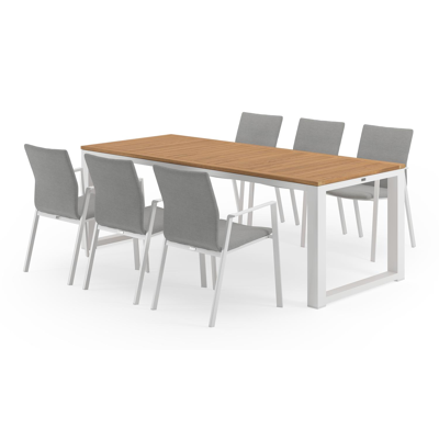 Livo tuinset in wit aluminium en naturel teak tafelblad met 6 stapelbare Madura tuinstoelen