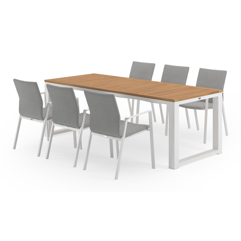 Livo tuinset in wit aluminium en naturel teak tafelblad met 6 stapelbare Madura tuinstoelen