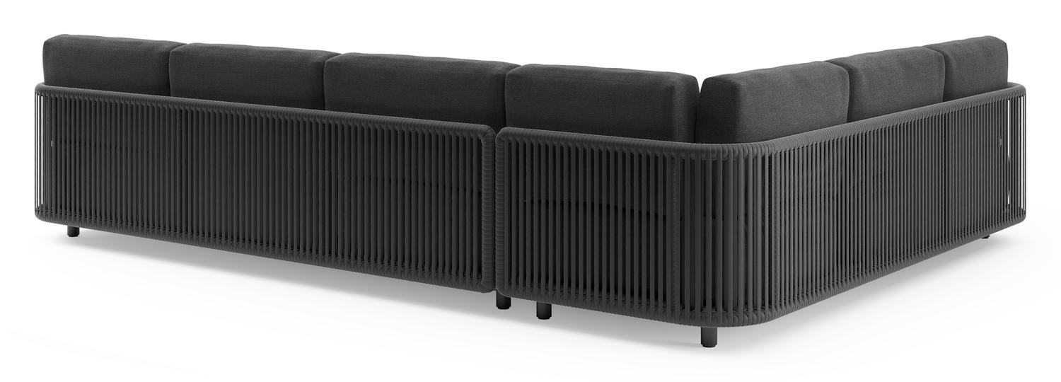 Organo loungehoek in zwart aluminium en zwart verticaal geweven luxe vlakke rope met chartres sooty all weather sunbrella® luxe kussens