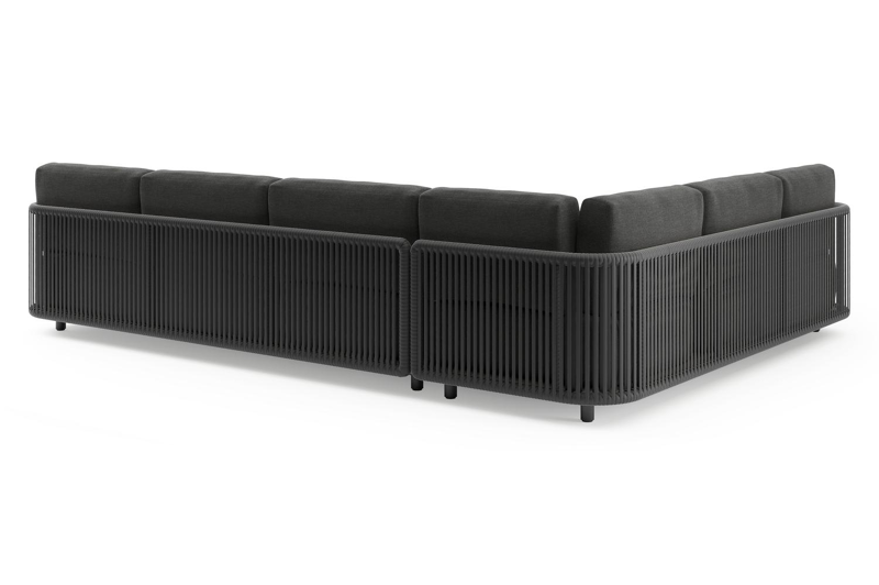 Organo loungehoek in zwart aluminium en zwart verticaal geweven luxe vlakke rope met chartres sooty all weather sunbrella® luxe kussens