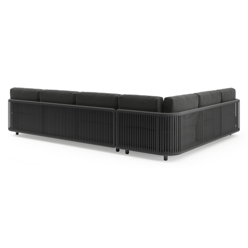 Organo loungehoek in zwart aluminium en zwart verticaal geweven luxe vlakke rope met chartres sooty all weather sunbrella® luxe kussens