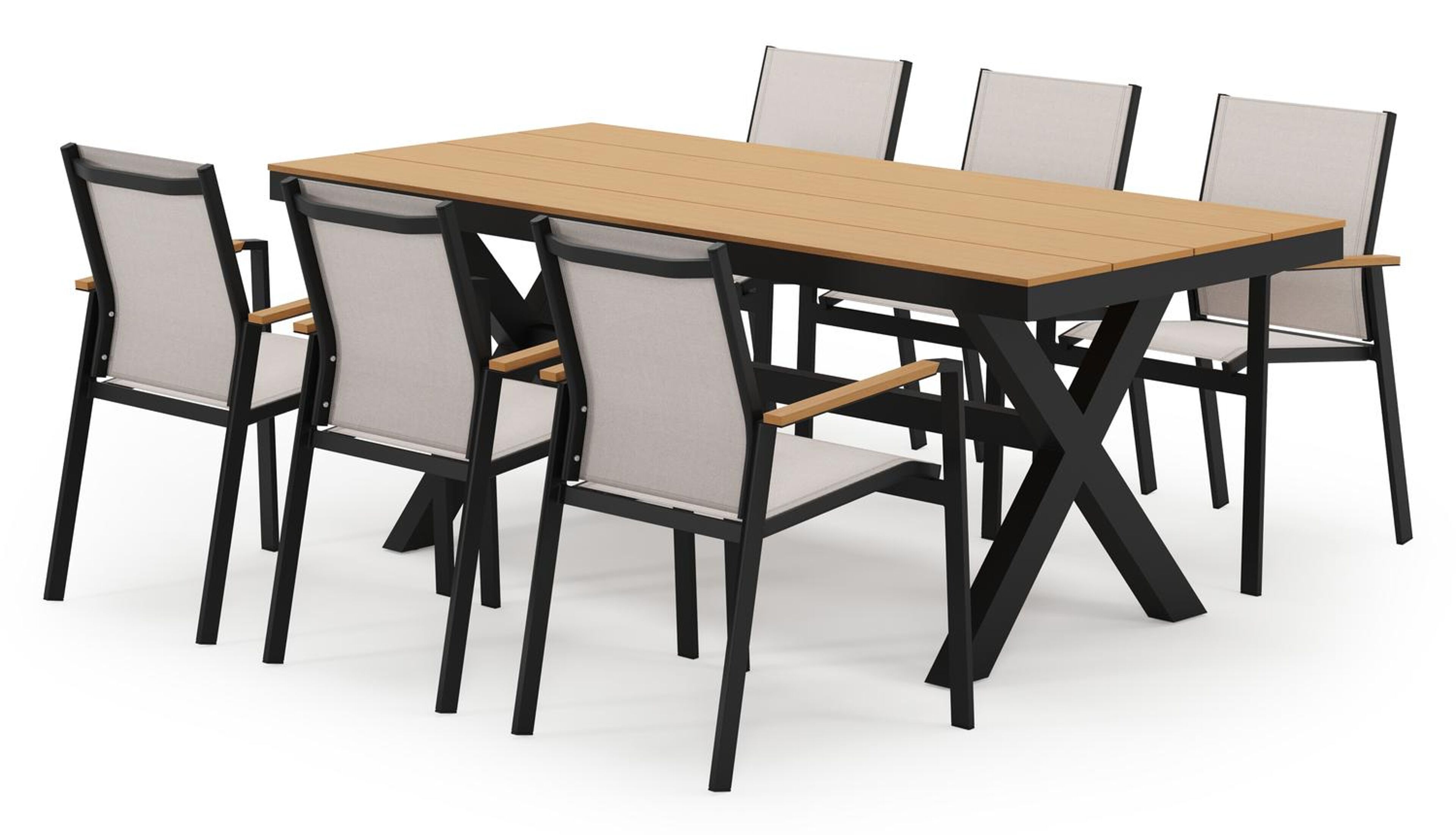Bahia tuinset in zwart aluminium en polywood met 6 stapelbare Bahia tuinstoelen