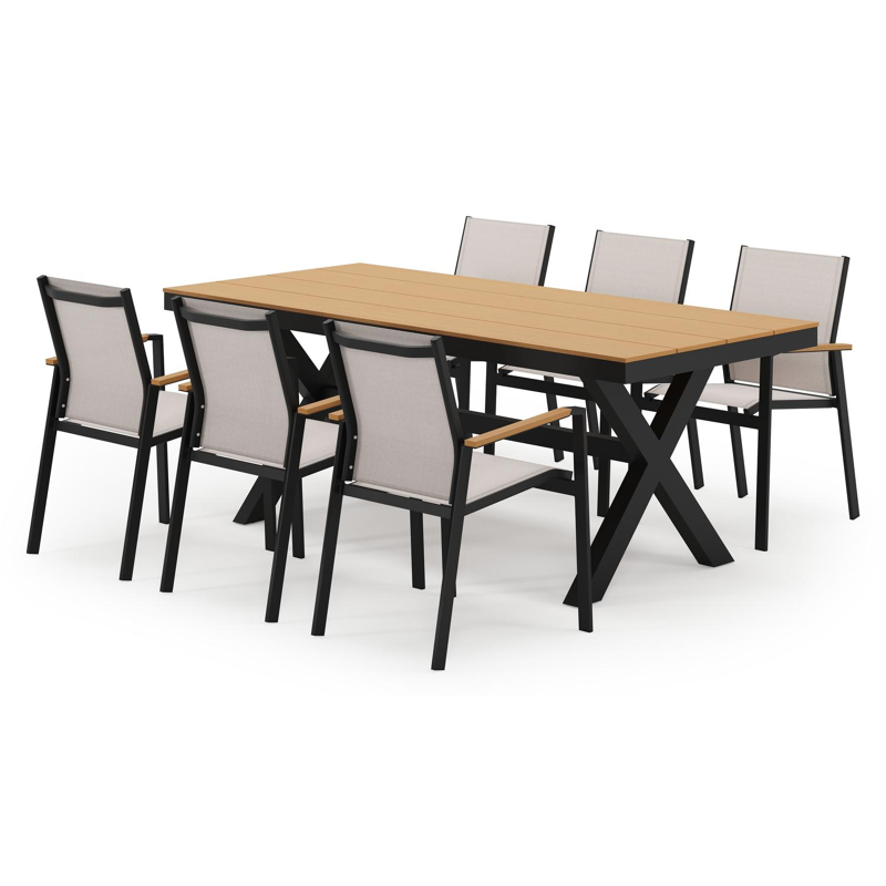 Bahia tuinset in zwart aluminium en polywood met 6 stapelbare Bahia tuinstoelen