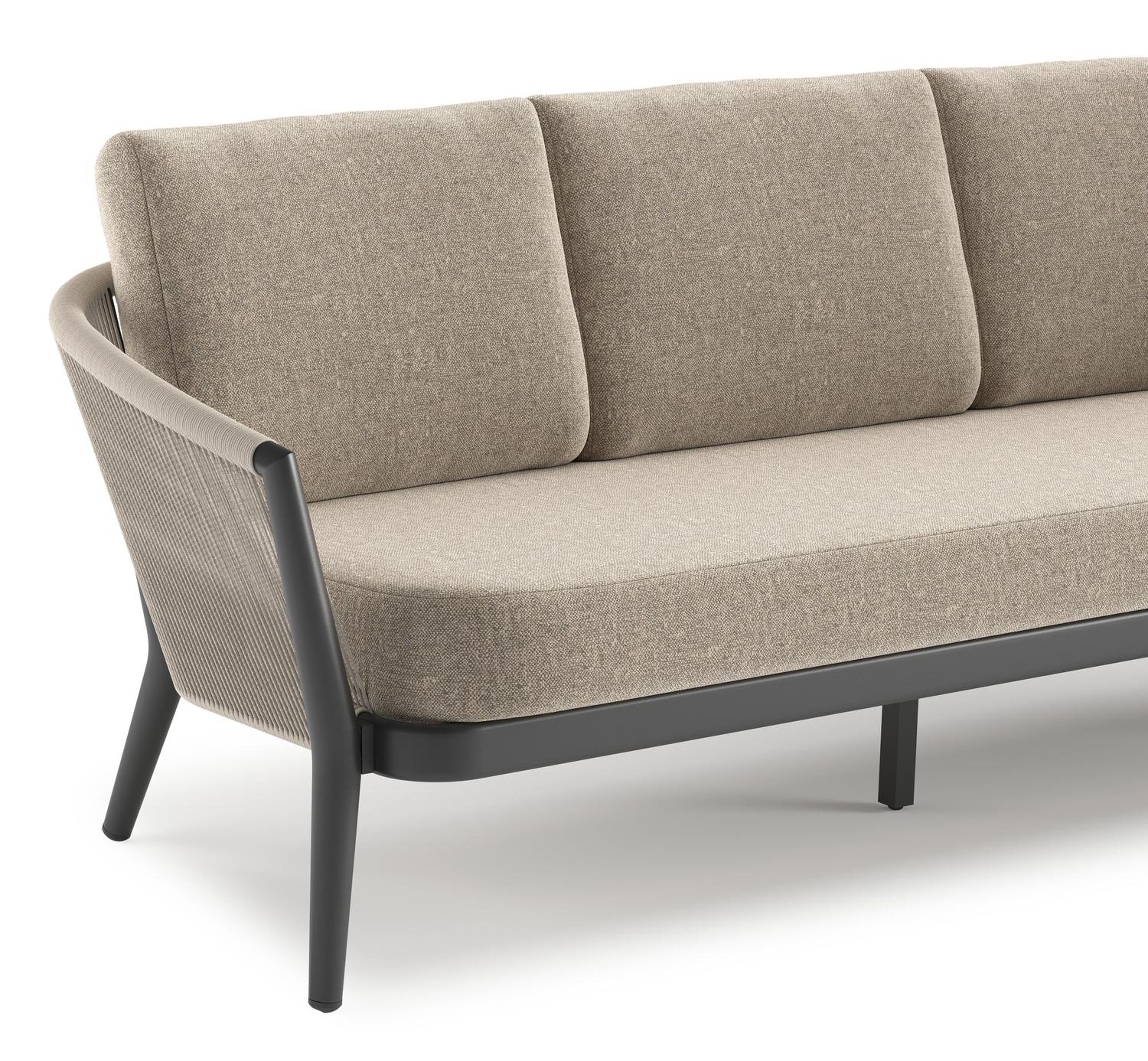 Orso loungebank in zwart aluminium en beige verticaal geweven ronde rope met Chartres Pewter all weather sunbrella® luxe kussen