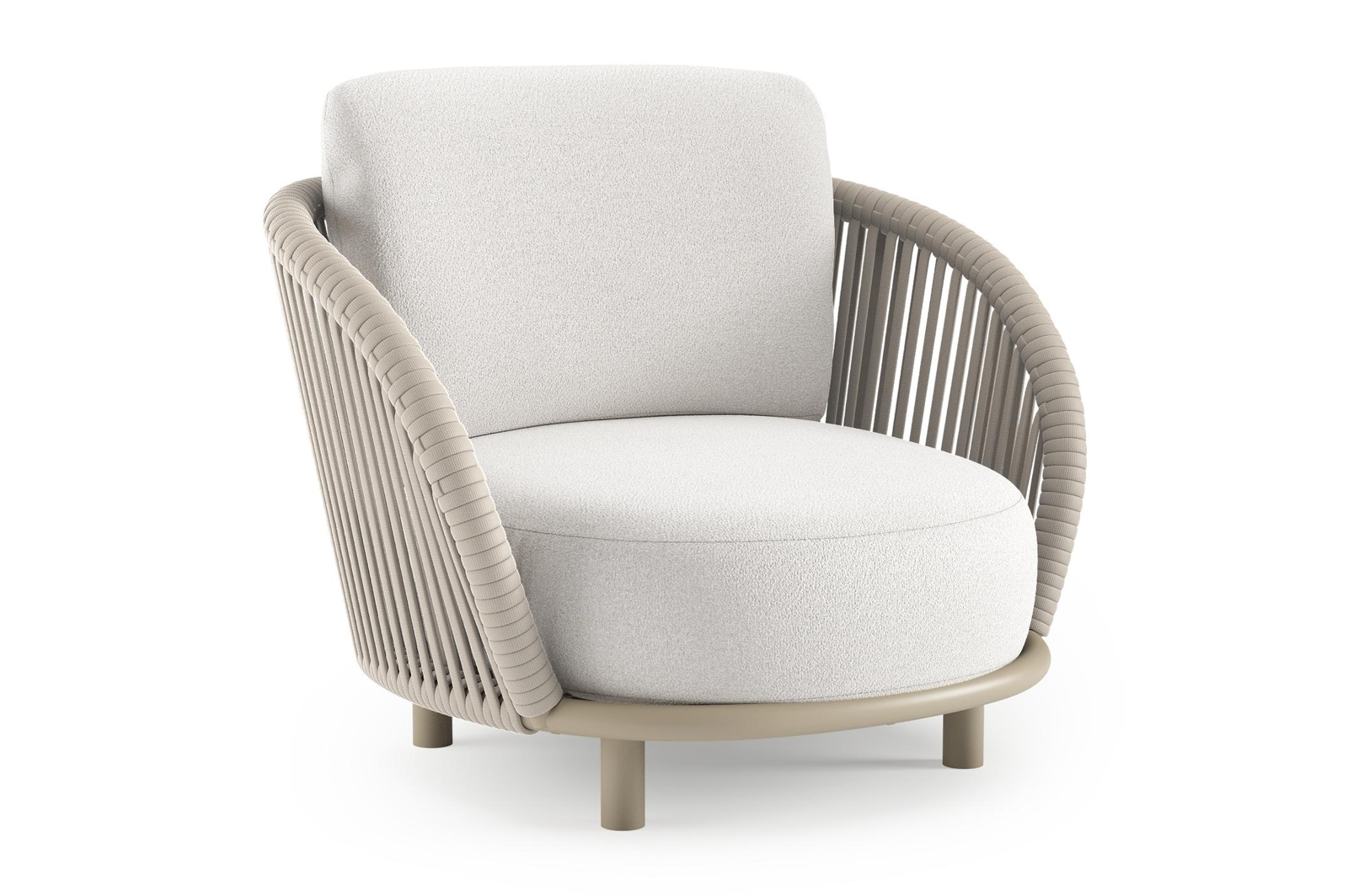 Lupino loungestoel in beige aluminium en beige verticaal geweven luxe vlakke brede rope met soul optik all weather solica kussen