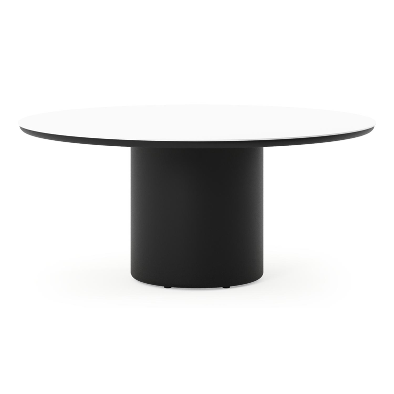 Amico low dining tuintafel rond in zwart aluminium en volkeramiek Arctic White - Dia. 148 x H 61 cm