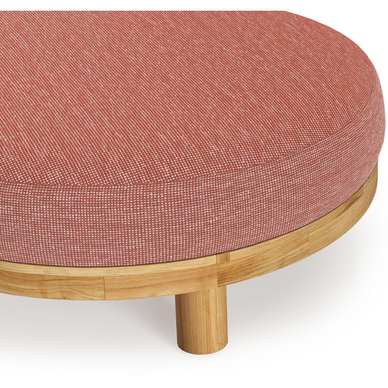 Salon de jardin pouf Donato en teck et corde ronde tissée verticalement beige et coussins en all weather sunbrella® luxe Slow Alezan