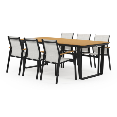 Alora tuinset in zwart aluminium en naturel polywood tafelblad met 6 stapelbare Bahia tuinstoelen