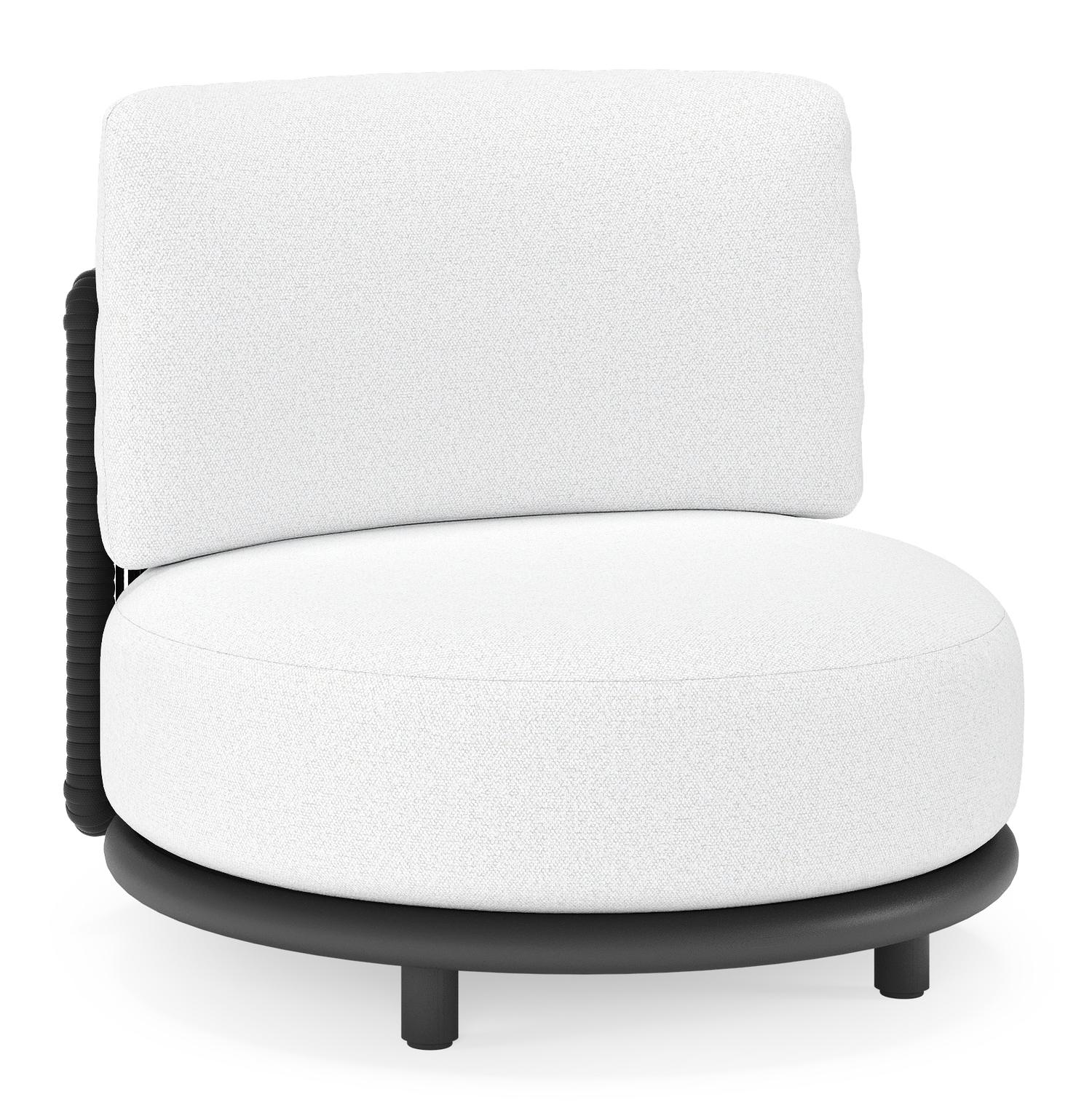 Fauteuil de jardin Lomano en aluminium noir et corde luxe plate tissée verticalement beige et coussins en all weather solica ego birch